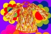 117 - Trompetenärmel AbbA Retro Satin Kleid Kostüm Revival Pucci Muster 70er Jahre Gr.  44 - 46 NEU orange / bunt