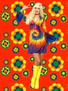 529-L✪ Regenbogen Trompetenärmel Mini Kleid Kostüm 60er 70er Jahre Batik Look bunt Gr. L