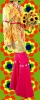 116.36  - AbbA Retro Kostüm Revival Psychedelic Muster Blumen Mega Schlaghose mit buntem Oberteil mit Trompetenärmeln 70er Jahre Gr. 36 NEU gelb / pink